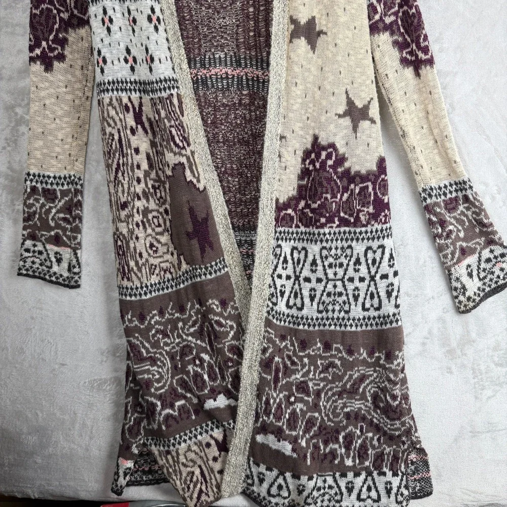 Indie Boho Free People Hooded Duster Cardigan Burgundy Knit Star Long Sweater S - Picture 2 of 8